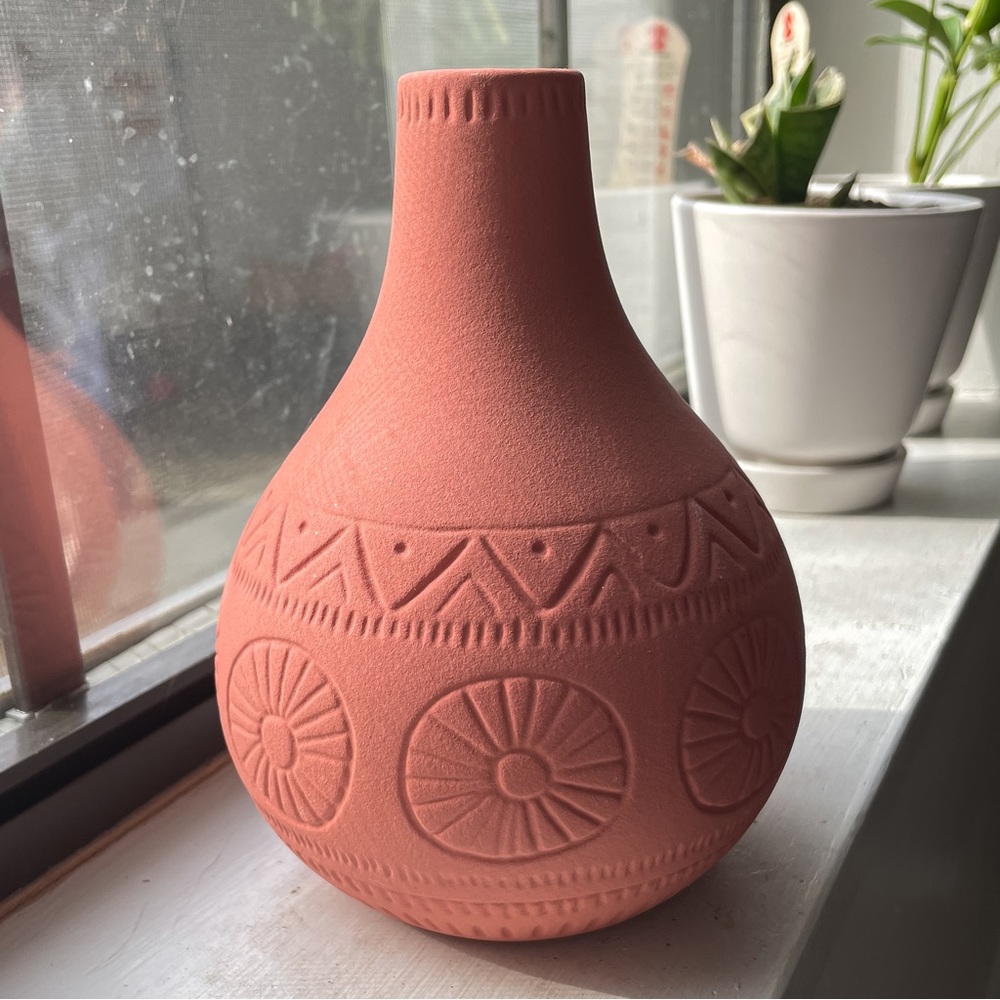 Hobby Lobby Aztec Pattern Clay Flower Vase Orange Pink Terracotta